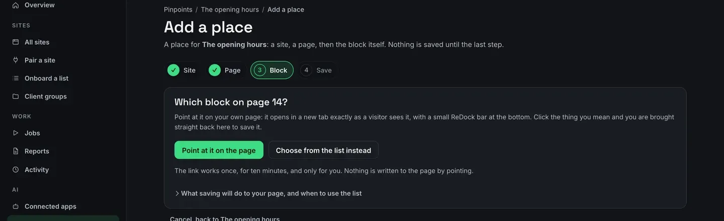 The Add a place step headed Which block on page 14, with a four-step strip reading Site, Page, Block, Save. Two buttons offer Point at it on the page or Choose from the list instead, above a line saying the link works once, for ten minutes, and only for you, and that nothing is written to the page by pointing.