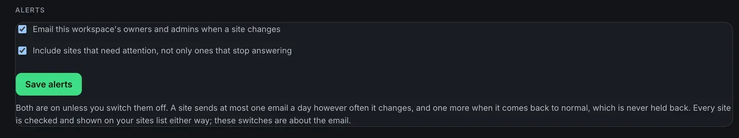 The Alerts panel in Settings. Two ticked boxes, one reading Email this workspace’s owners and admins when a site changes and one reading Include sites that need attention, not only ones that stop answering, with a Save alerts button and a note about how often an email is sent.