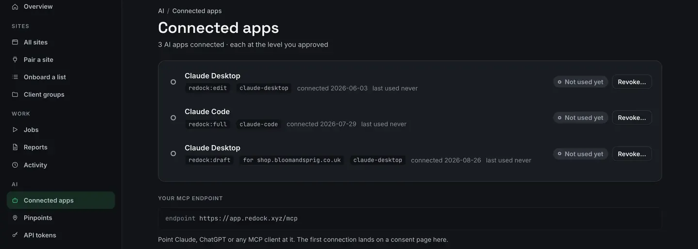 The Connected apps page: three apps, two named Claude Desktop and one Claude Code, each with the level it was approved at, its client id, when it connected and when it was last used, and a Revoke button. Underneath, the workspace’s MCP endpoint, https://app.redock.xyz/mcp.