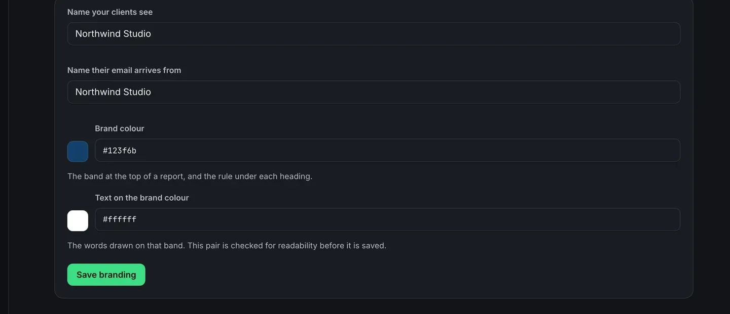 The Your name and colours panel: a field for the name clients see, a field for the name their email arrives from, a brand colour field holding a hex value with a swatch, a text colour field holding white, and a Save branding button.