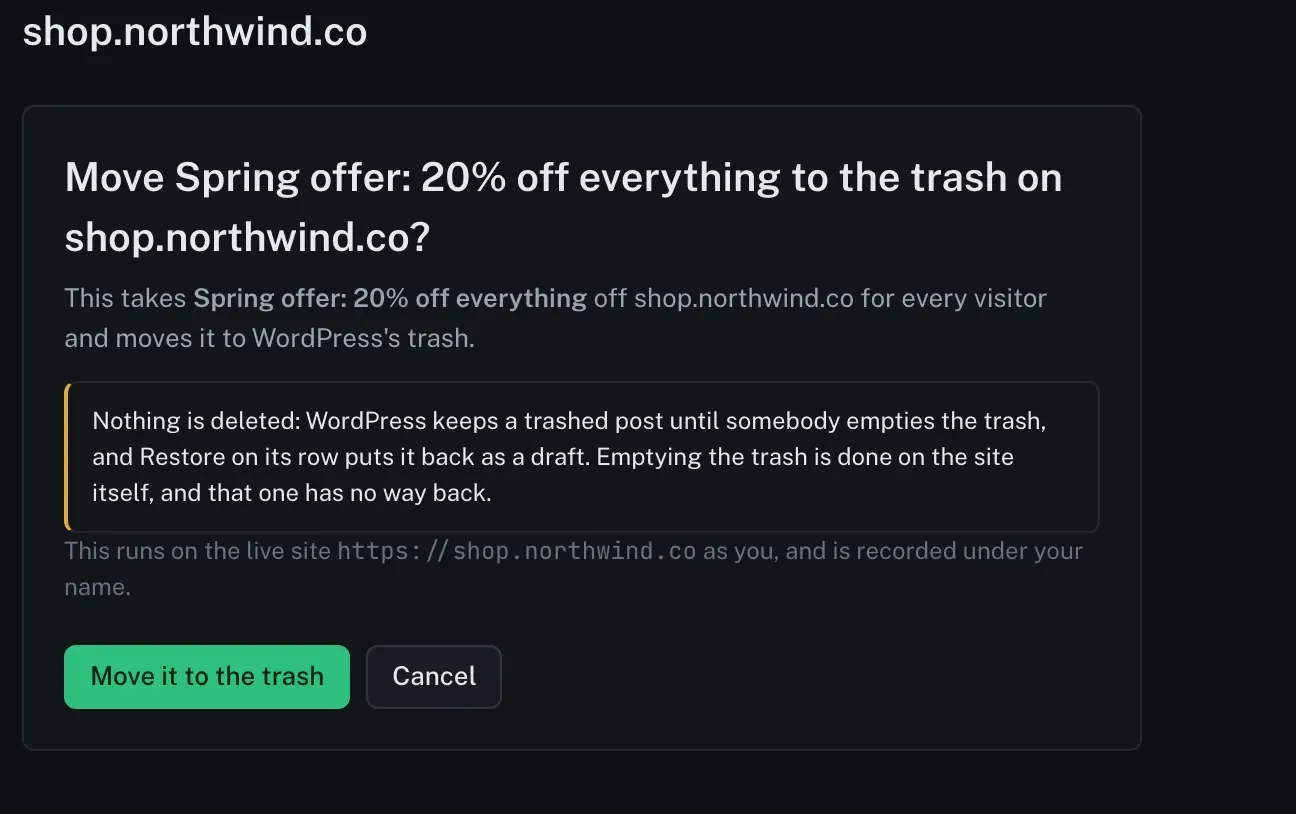 A confirm panel headed Move Spring offer, 20 percent off everything, to the trash on shop dot northwind dot co. It says the page will be taken off the site for every visitor and moved to WordPress’s trash, that nothing is deleted and WordPress keeps a trashed post until something empties the trash, and that emptying the trash is the point of no return. A button reads Move it to the trash, with Cancel beside it.