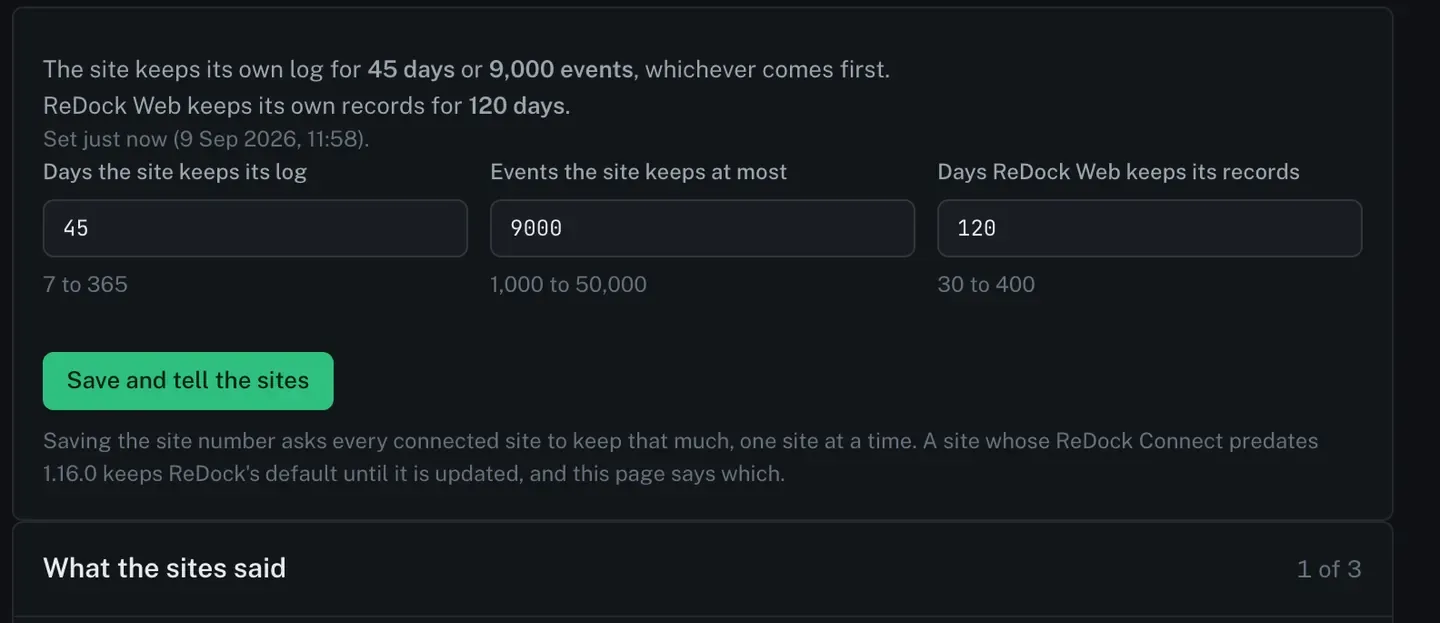 The Data section of Settings. Three fields: days the site keeps its log set to 45, events the site keeps at most set to 9,000, and days ReDock Web keeps its own records set to 120, each with the range it accepts underneath, and a Save and tell the sites button.