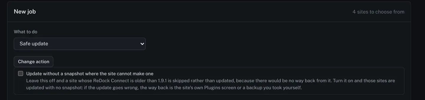 The New job panel with What to do set to Safe update, and the checkbox reading Update without a snapshot where the site cannot make one, unticked, above its explanation.