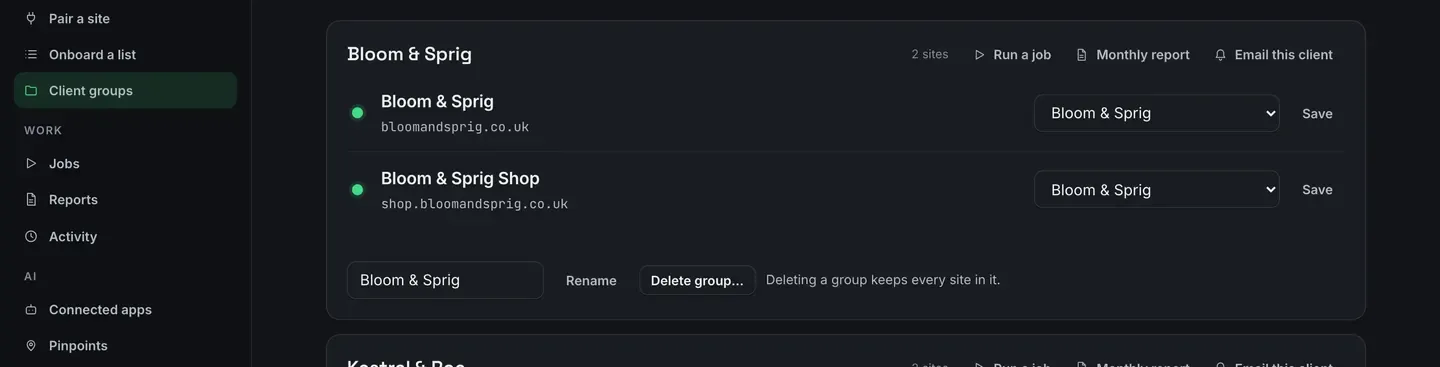 The Client groups page. Five groups, each a card naming the client, how many sites it holds, and the sites themselves with a group picker beside each, plus Run a job, Monthly report and Email this client along the top of the card, and a rename field with a Delete group button underneath.