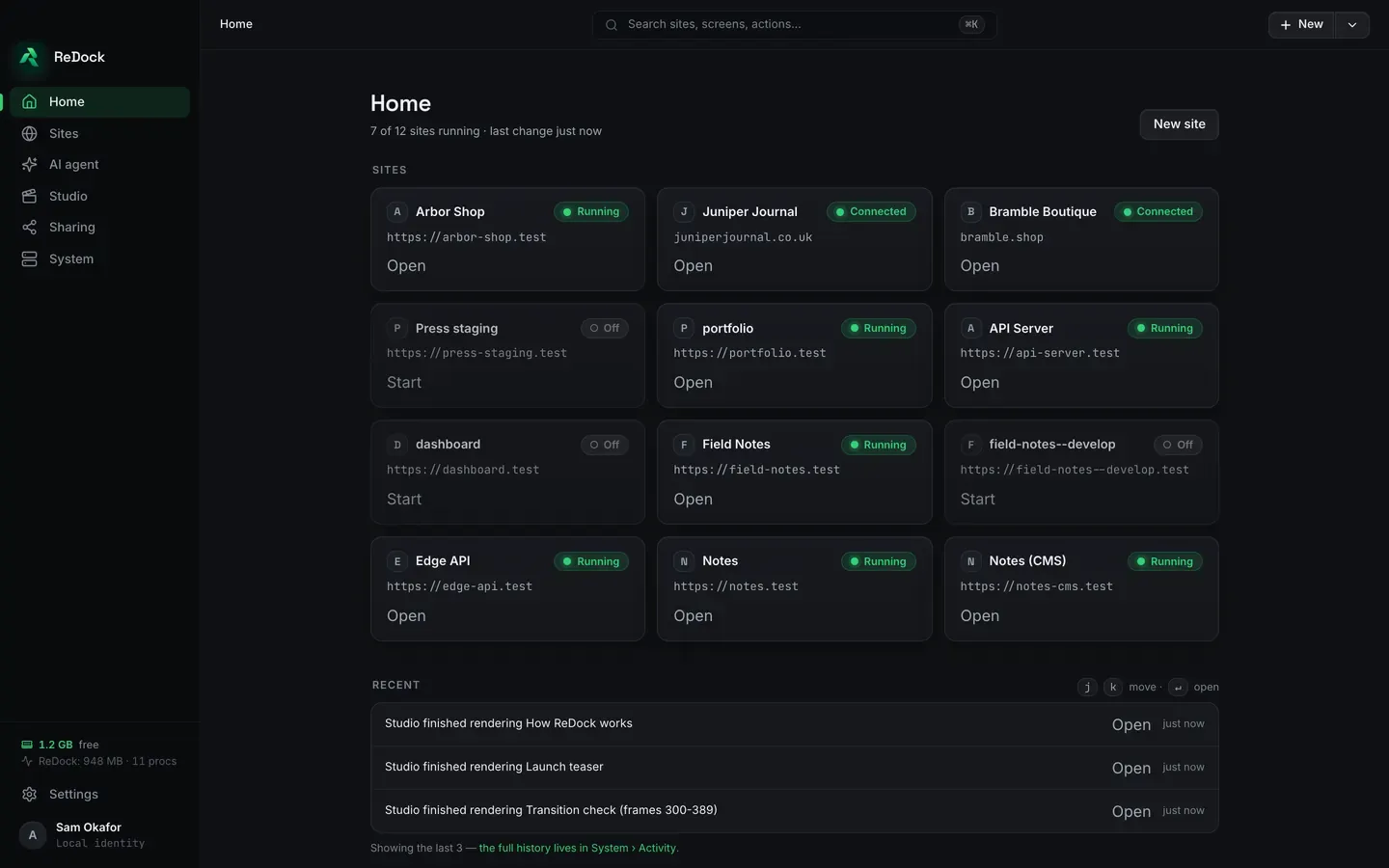 The ReDock desktop app on its Home screen, showing a grid of site cards with their addresses and a Running, Connected or Off pill on each, a New site button at the top right, and a left rail listing Home, Sites, AI agent, Studio, Sharing and System.