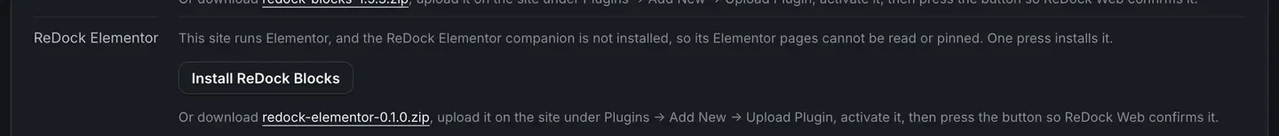 A row on a site’s Overview in ReDock, headed ReDock Elementor, saying the site runs Elementor and the ReDock Elementor companion is not installed so its Elementor pages cannot be read or pinned, with a button that installs it in one press and a link to download the zip and upload it by hand instead.