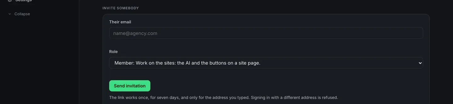 The Invite somebody panel: a field for an email address, a Role picker set to Member with the description of what a member can do, and a Send invitation button, above a line saying the link works once, for seven days, and only for the address you typed.
