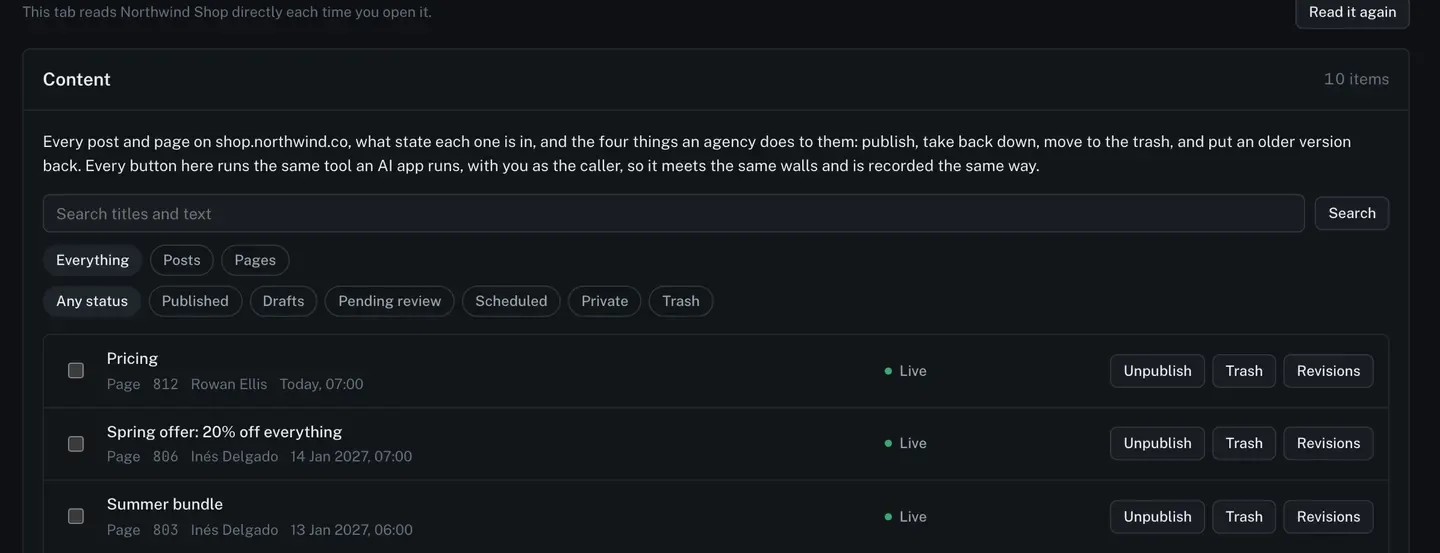 The Content tab of a site. A search box, filters for everything, posts and pages, and for status, then ten rows: each with its title, type, id, author and date, a state pill reading Live, Draft, Waiting, Off, Queued or Stopped, and buttons reading Publish, Unpublish, Trash, Restore and Revisions.