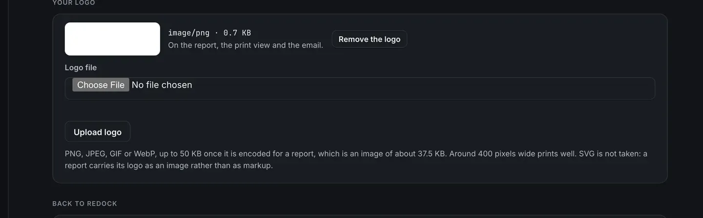 The Your logo panel: the logo already uploaded with its file type and size, a Remove the logo button, a file picker and an Upload logo button, above a line saying PNG, JPEG, GIF or WebP up to 50 KB once encoded, that around 400 pixels wide prints well, and that SVG is not taken.