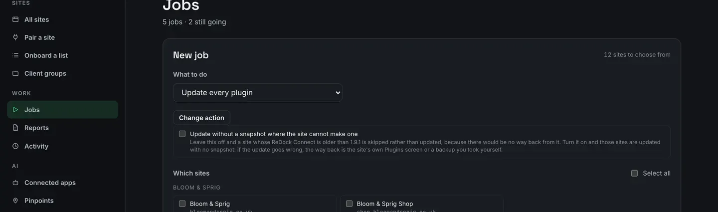 The New job panel on the Jobs page. A What to do picker set to Update every plugin, a Change action button, and a checkbox reading Update without a snapshot where the site cannot make one, with a paragraph explaining that leaving it off skips those sites rather than updating them.