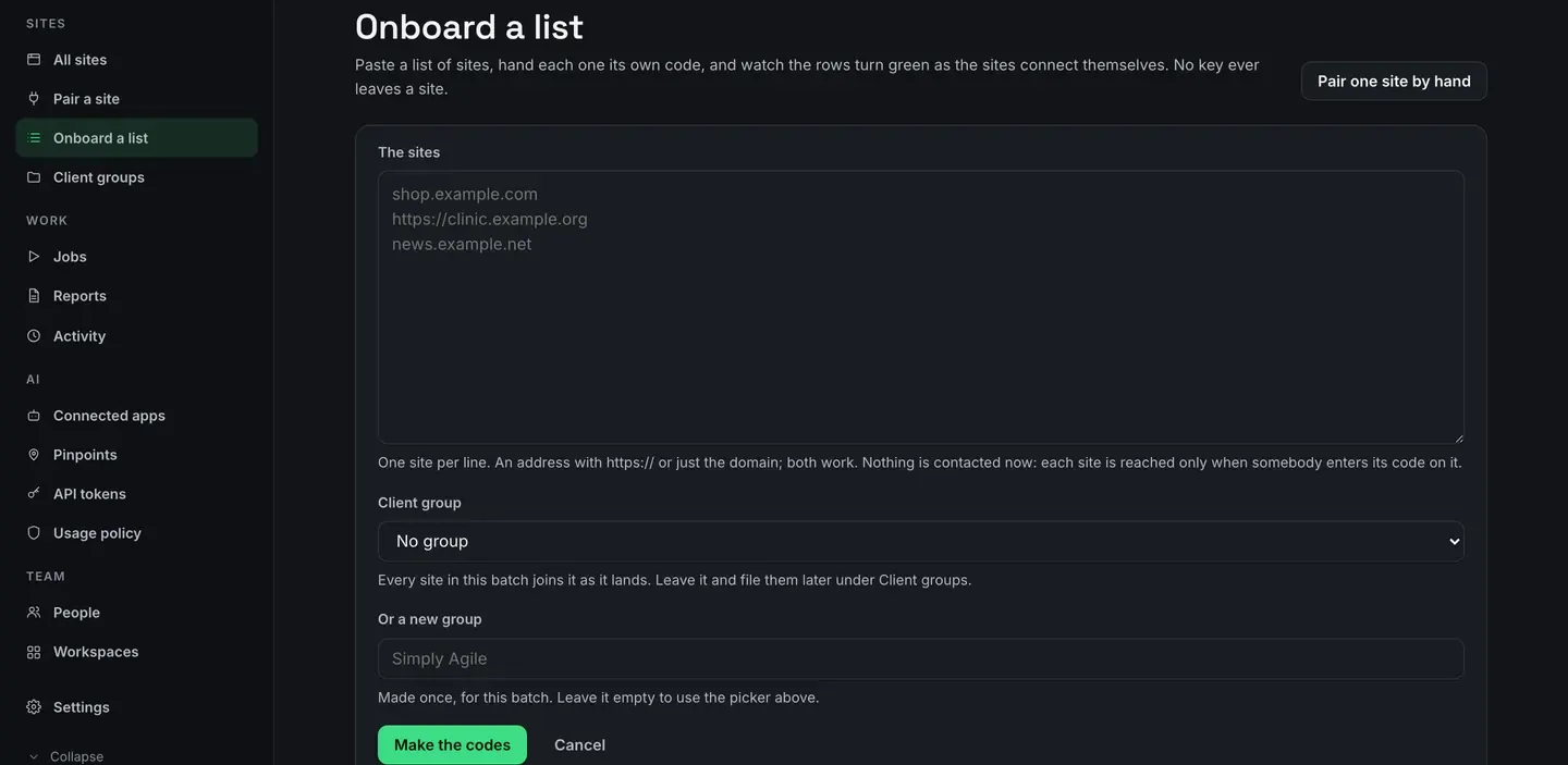The Onboard a list page: a large box holding three site addresses one per line, a Client group picker, a field for a new group, and a green Make the codes button.