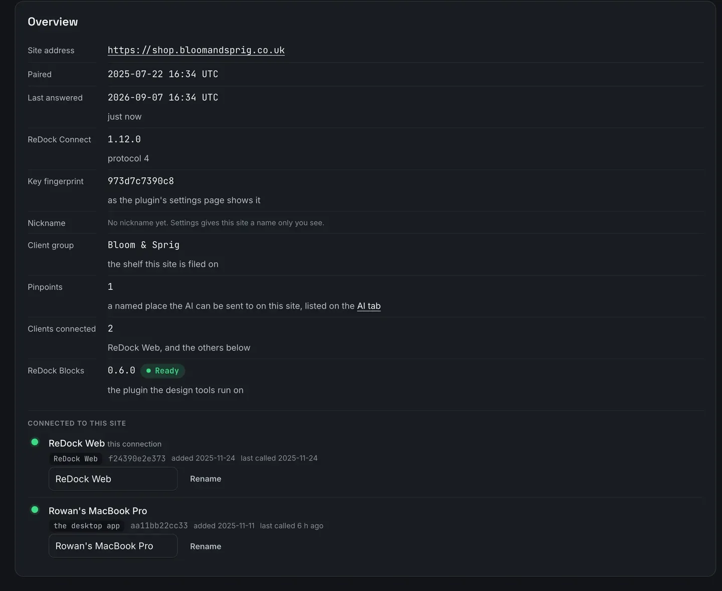 The Overview tab of a site: site address, when it was paired, when it last answered, the ReDock Connect version and protocol, the key fingerprint as the plugin’s settings page shows it, the nickname, the client group, how many pinpoints name a place on it, how many clients are connected, and the ReDock Blocks version. Underneath, the clients connected to this site, each with its fingerprint, when it was added, when it last called, and a Rename field.