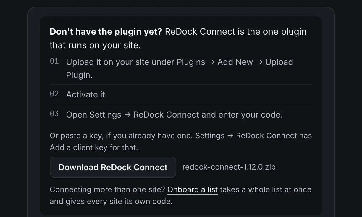 The top of the Pair a site page. A card headed Don’t have the plugin yet? lists three steps, upload it under Plugins then Add New then Upload Plugin, activate it, open Settings then ReDock Connect, and carries a Download ReDock Connect button next to the file name redock-connect-1.12.0.zip.