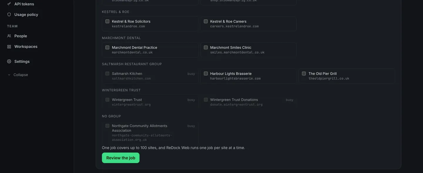 The Which sites picker, twelve sites in five client groups with a checkbox each, four of them marked busy, above a line saying one job covers up to 100 sites and ReDock Web runs one job per site at a time, and a green Review the job button.