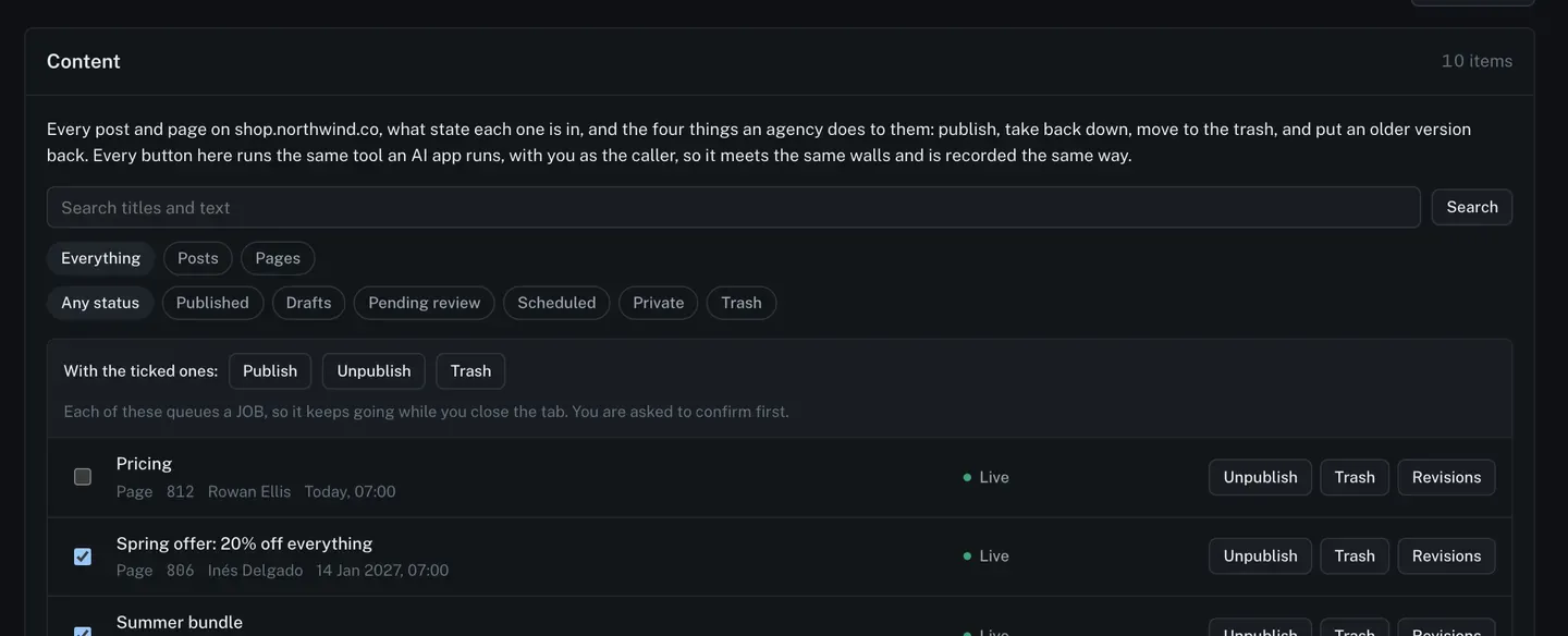 The Content tab with several rows ticked and a bar naming how many are picked, offering the actions that apply to all of them.