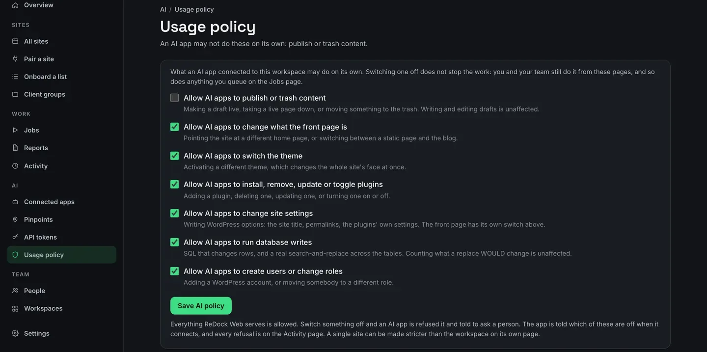 The Usage policy page. A line at the top says an AI app may not do these on its own: publish or trash content. Below, seven ticked or unticked switches with a sentence each, and a Save AI policy button.