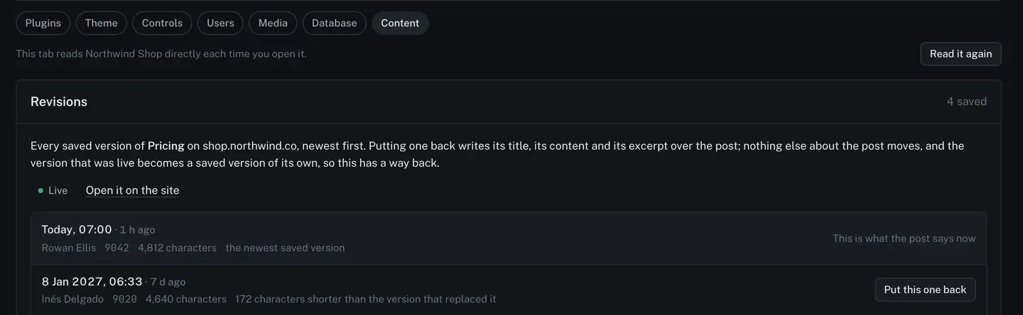 The Revisions panel for a page called Pricing. Four saved versions, each with its date, who saved it, its id and its length, and how much longer or shorter it is than the version that replaced it. The newest is marked as what the post says now; the others each carry a Put this one back button.
