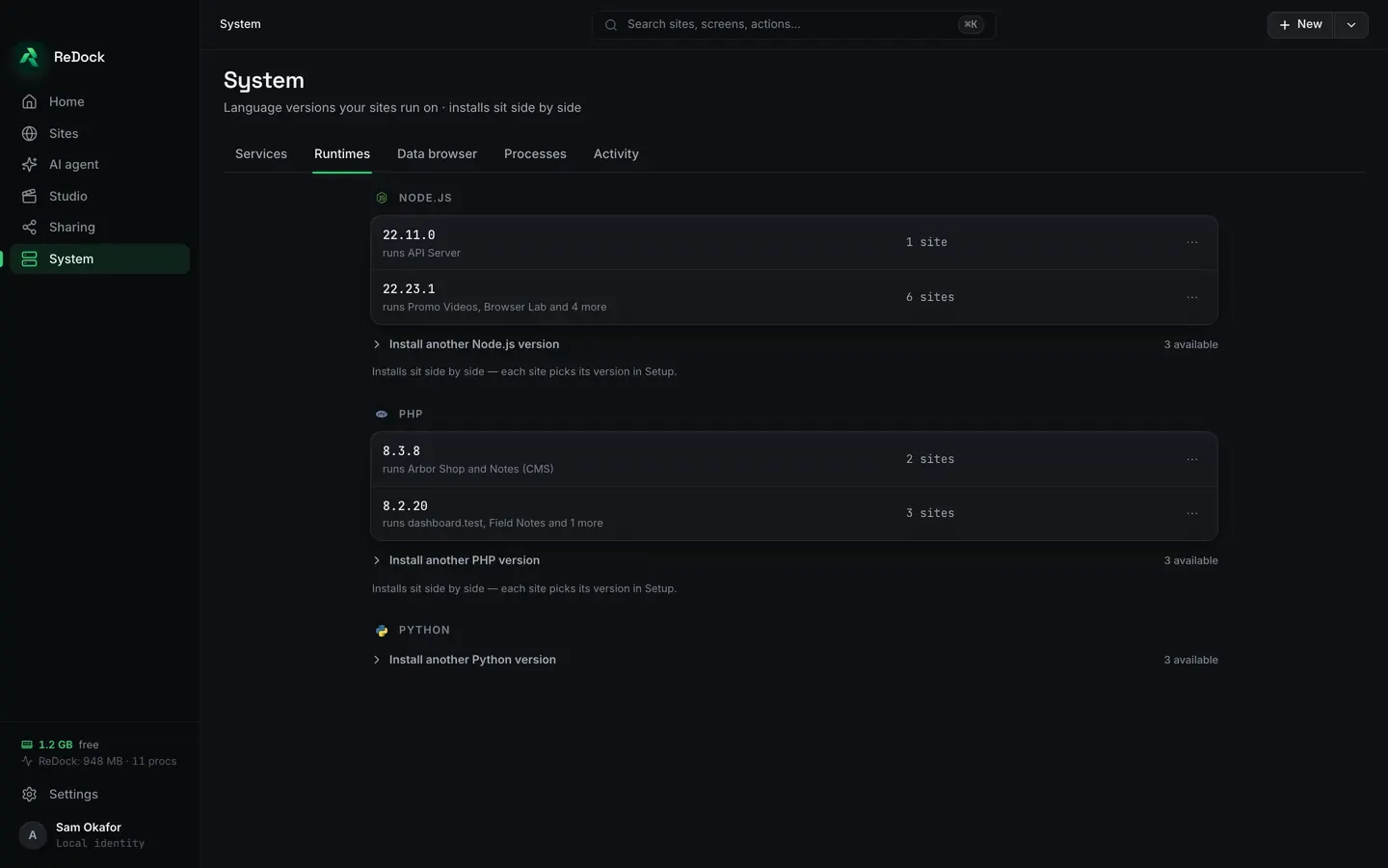 The System screen’s Runtimes tab in the ReDock desktop app, headed Language versions your sites run on, installs sit side by side. Node.js shows 22.11.0 used by one site and 22.23.1 used by six, PHP shows 8.3.8 used by two sites and 8.2.20 used by three, and each has a link to install another version.