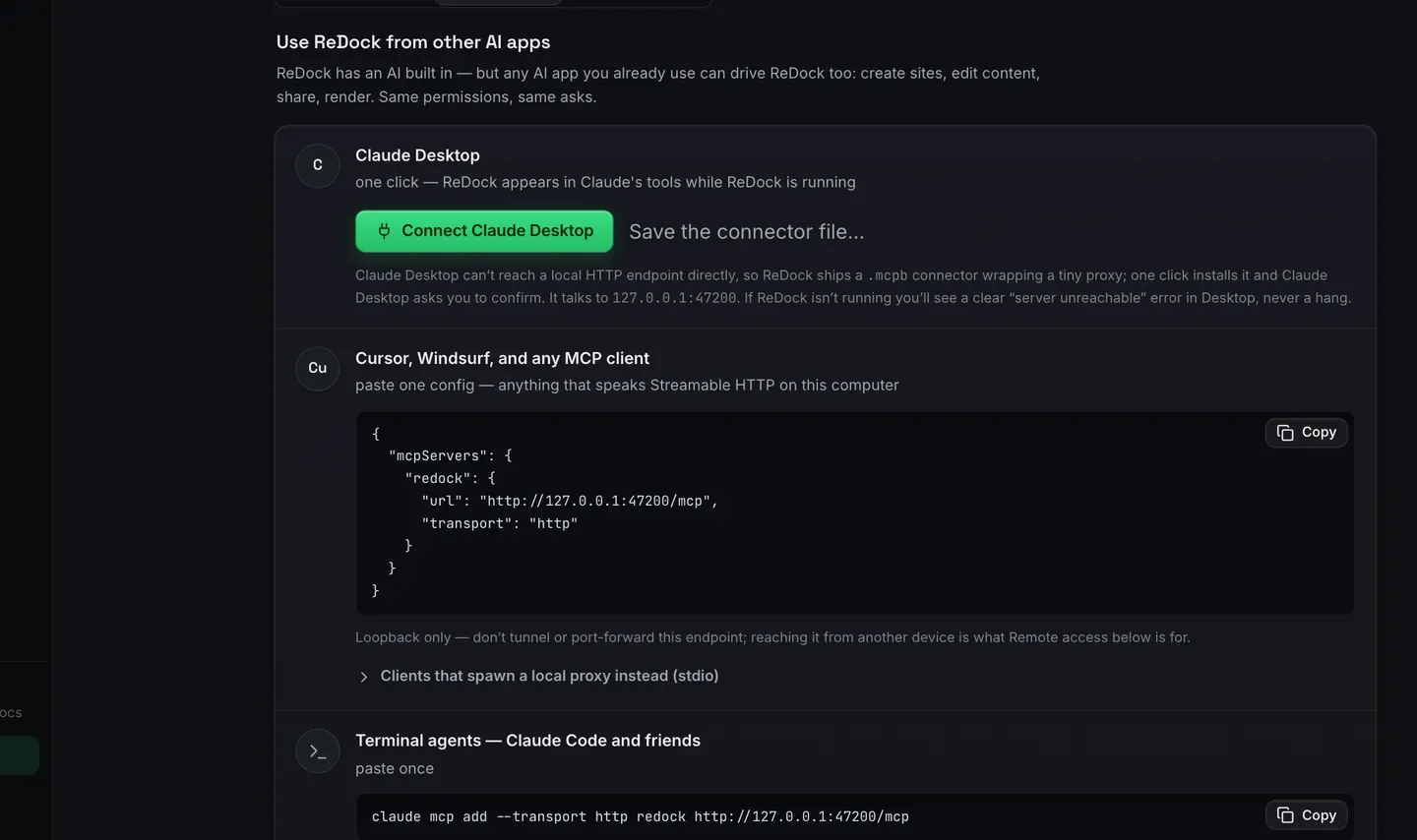 The Other AI apps panel in the ReDock desktop app’s AI settings, headed Use ReDock from other AI apps. A Claude Desktop card offers a one-click Connect Claude Desktop button and a Save the connector file link. A Cursor, Windsurf and any MCP client card shows a JSON config pointing at 127.0.0.1 on port 47200 with a Copy button. A terminal card shows the one command that adds the same address to Claude Code.