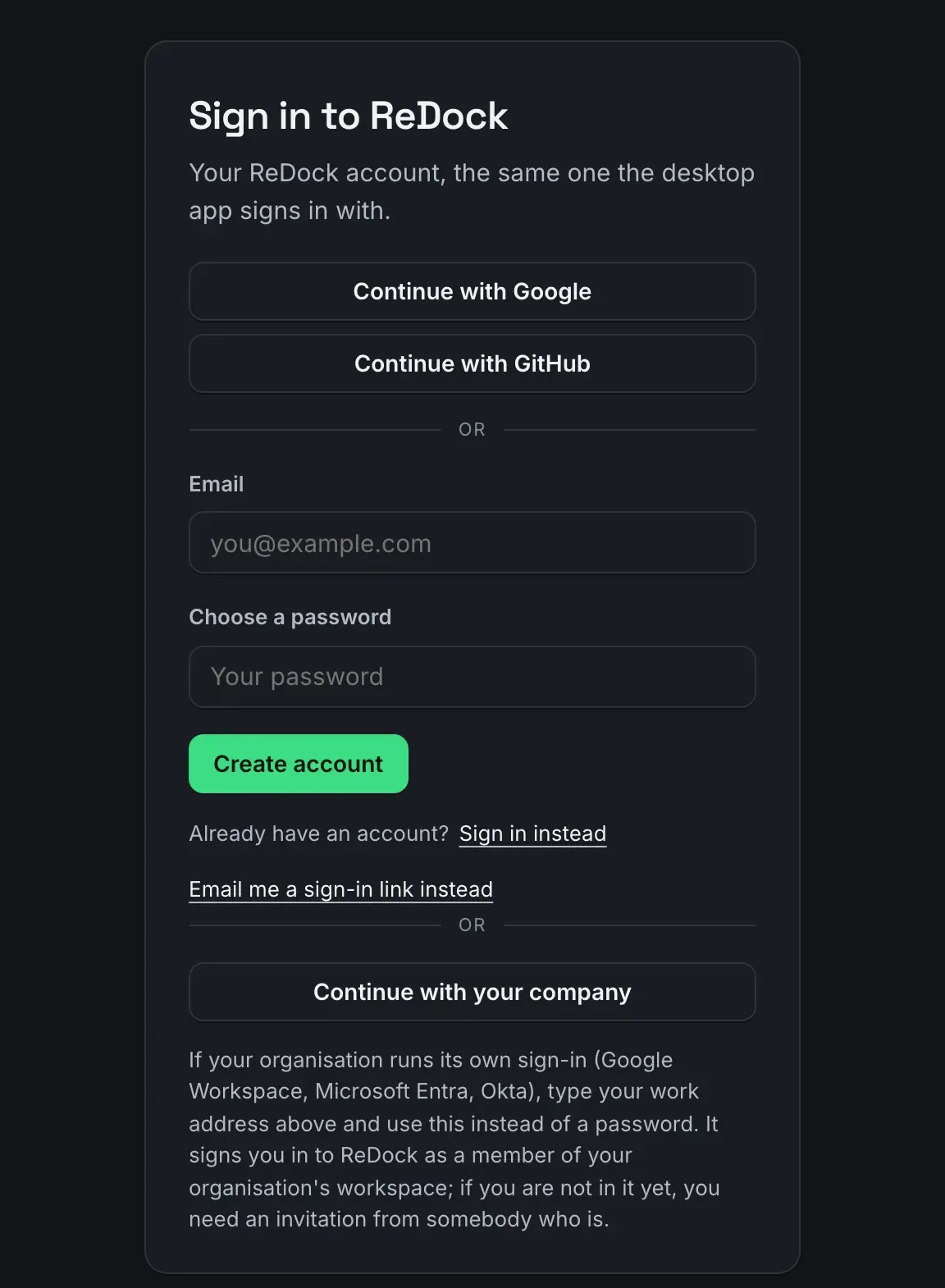 The ReDock sign-in card in its create-an-account state: Continue with Google, Continue with GitHub, an email field, a password field, a Create account button, and Continue with your company underneath.