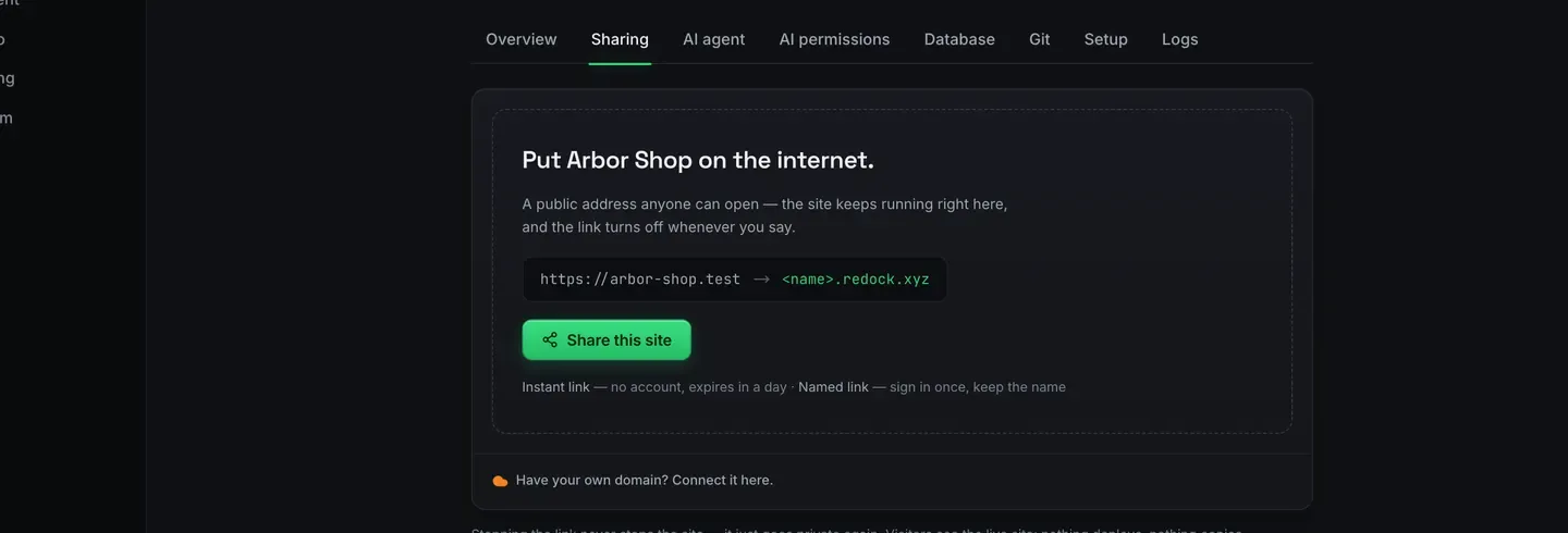 The Sharing tab of one site, headed Put Arbor Shop on the internet, saying a public address anyone can open while the site stays running right here and the link turns off whenever you say, with a Share this site button and an offer to connect a domain you own.