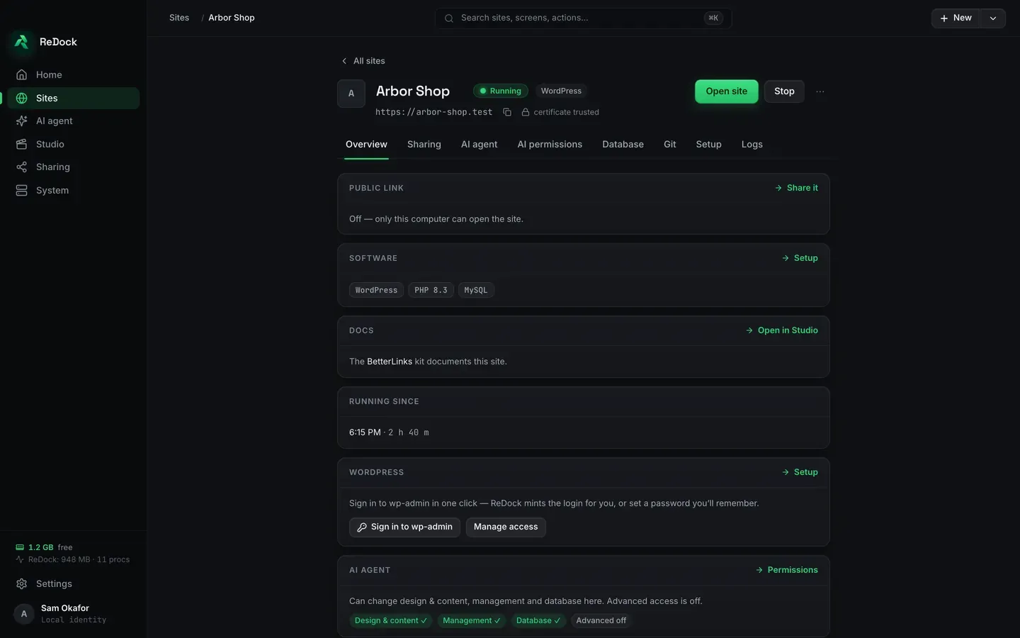 A site’s page in the ReDock desktop app, headed Arbor Shop with a Running pill and a WordPress tag, its address arbor-shop.test marked certificate trusted, Open site and Stop buttons, and tabs for Overview, Sharing, AI agent, AI permissions, Database, Git, Setup and Logs. The Overview tab shows the public link, the software the site runs on, how long it has been running, a one-click sign-in to wp-admin, and what the AI agent may do here.