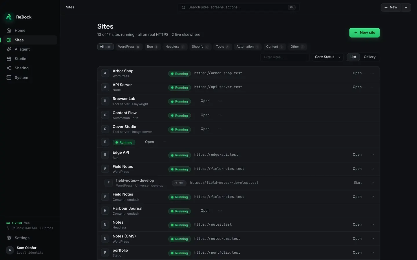 The Sites screen listing seventeen sites, twelve of them running, with filter chips for All, WordPress, Bun, Headless, Shopify, Tools, Automation, Content and Other, each row showing the site’s stack, a Running or Off pill and its .test address.