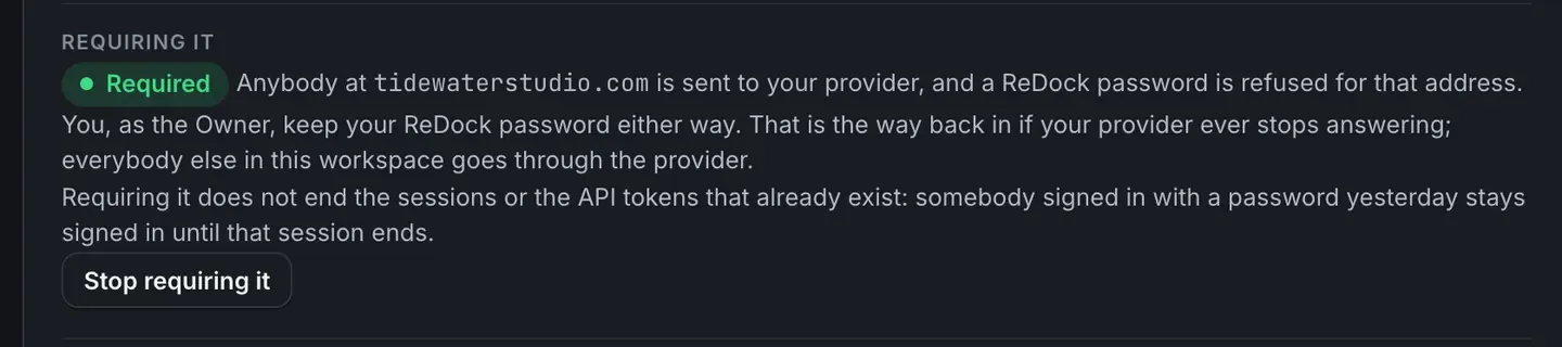 The Requiring it panel, marked Required, saying anybody at the domain is sent to the provider and a ReDock password is refused for that address, that the owner keeps their ReDock password either way as the way back in, and that requiring it does not end sessions or API tokens that already exist. A Stop requiring it button sits underneath.