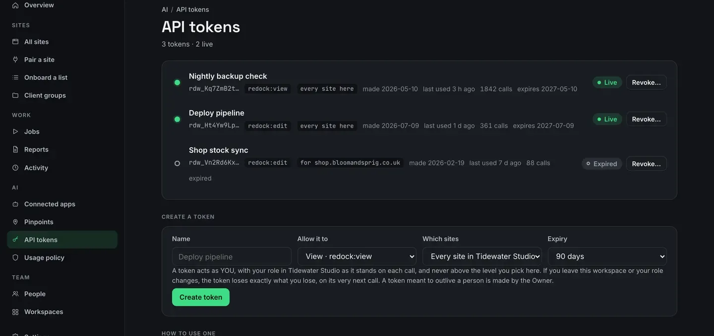 The API tokens page: three tokens with their prefixes, levels, which sites they reach, when they were made, when they were last used, how many calls they have made and when they expire, two marked Live and one Expired. Under them, a Create a token row with fields for a name, the level, which sites and an expiry.