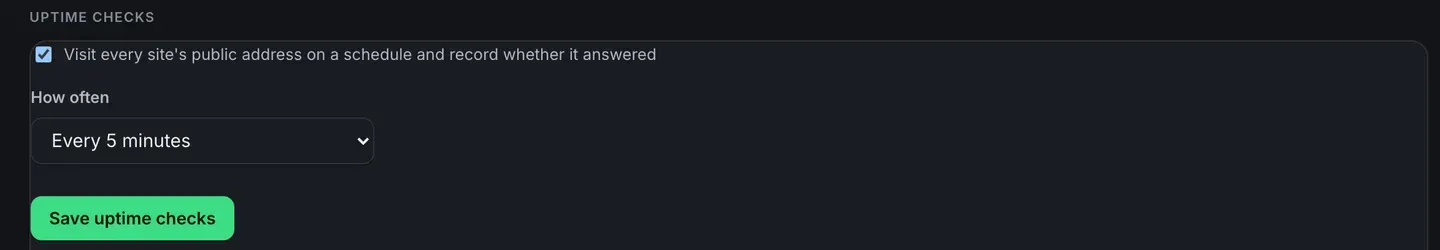 The Uptime checks panel in Settings. A ticked box reads Visit every site’s public address on a schedule and record whether it answered, with a How often picker set to Every 5 minutes and a Save uptime checks button.